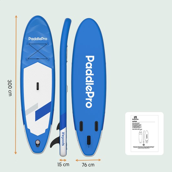 LifeGoods SUP Board All-round Compact - 100 KG Load Capacity - Inflatable - Complete SUP package - Blue