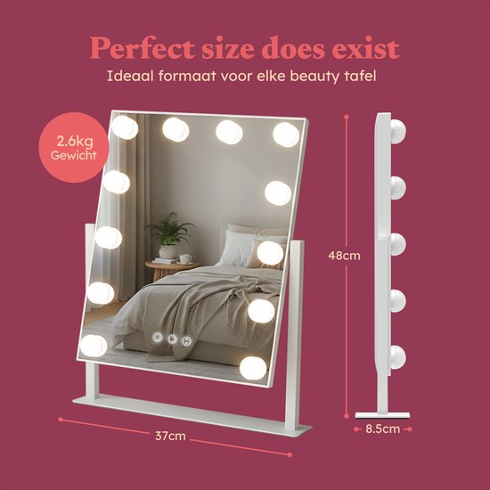 Fraay® Hollywood Mirror with Lighting 41x30cm - 3 Light Stages - Make-up Mirror with 10x Magnification Mirror - LED Lighting Dimmable - Incl. Beauty Blenders and Powder puff