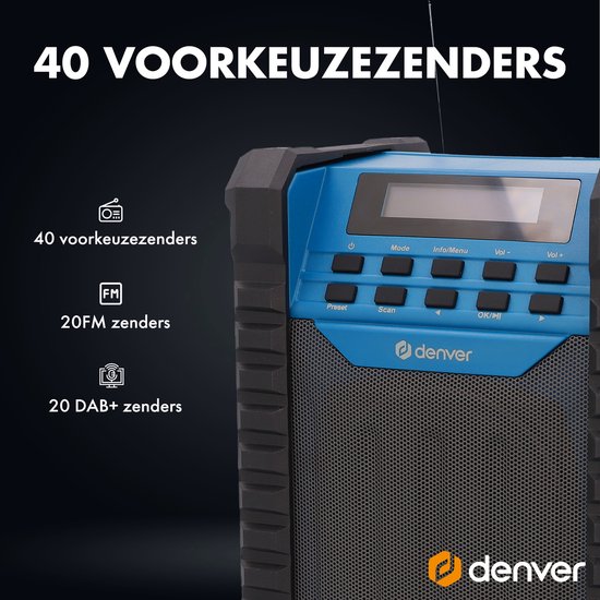 Denver Construction Radio DAB - Bluetooth - avec batterie - AUX - FM - USB-C - résistant aux éclaboussures - WRD60