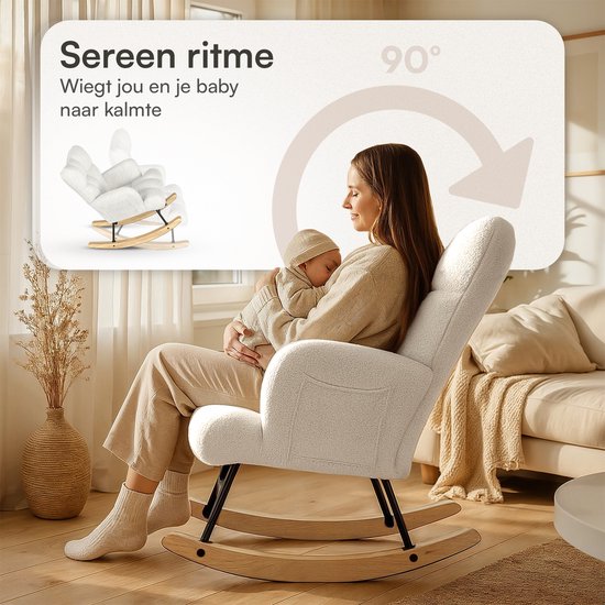 Flowsense Rocking Chair Teddy White - Rocking Chair Adultes Bébé - Chaise d'allaitement Chambre de Bébé - Fauteuil avec accoudoir Design - Fauteuil Relax - Recliner