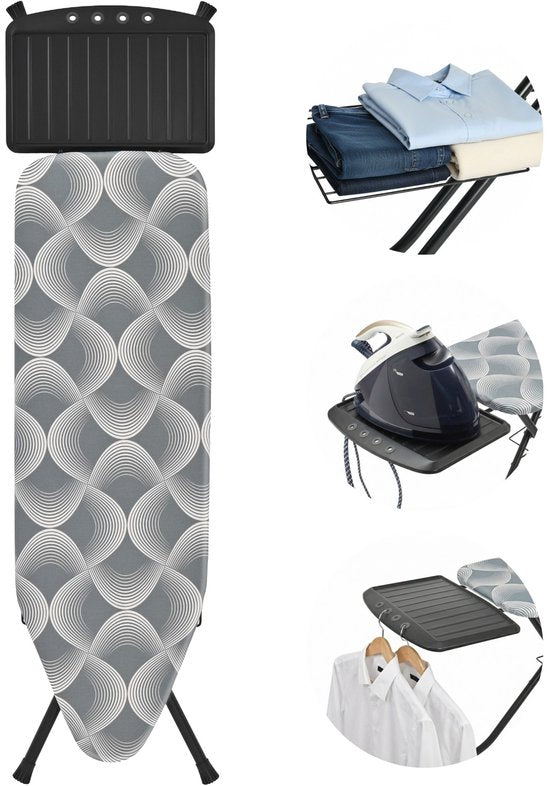 STAUS&BACH Table à repasser pour générateur de vapeur - 122 x 38 cm - Support pliant inclus - 76 - 93.5 cm réglable en hauteur - Avec support pour raccord vapeur fer à vapeur - Gris foncé