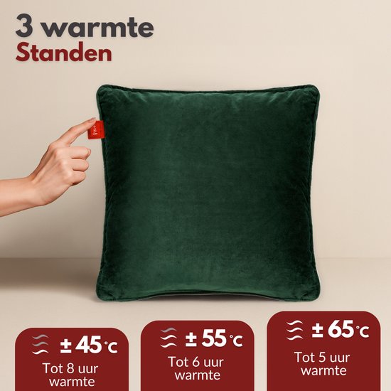 Coozie Rechargeable Heat Pillow - sans fil et filaire - 45-65°C - Velours - 45 x 45 cm - Vert foncé - Oreiller électrique - Powerbank incluse - Jusqu'à 8 heures de chaleur