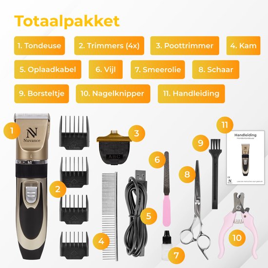 Nuvance - Tondeuse pour chien - set - silencieux - sans fil - pour chien et chat - Tondeuse professionnelle pour chien