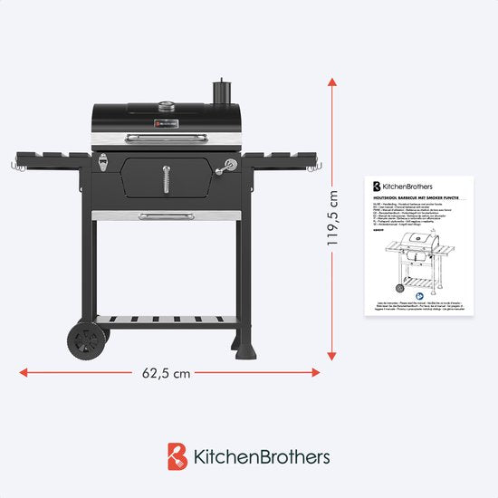 Barbecue charbon - KitchenBrothers - Gril et fumoir 2-en-1 - Surface de cuisson 42x57cm