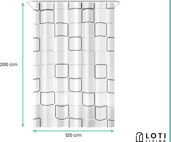 Loti Living Rideau de douche anti-moisissure - Design cubique - Anneaux inclus - Imperméable - Polyester - Rideau de douche 120x200 cm