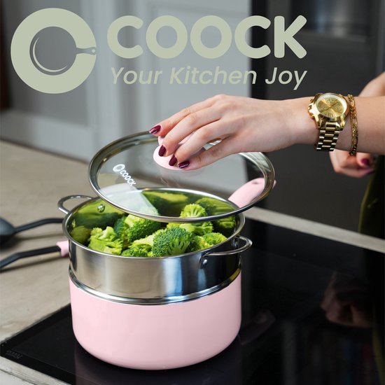 COOCK Ensemble de casseroles 19 pièces - Revêtement spécial antiadhésif - Poignées froides ergonomiques - Aluminium recyclé - Ensemble de poêles à frire - Ensemble de casseroles - Rose pâle - Sous-verres et livre électronique inclus