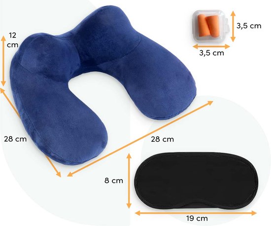 Oreiller cervical gonflable 3 en 1 avec sac de rangement - Oreiller d'avion - Oreiller de voyage - Velours - Forme en U - Masque de sommeil et bouchons d'oreille inclus - Bleu