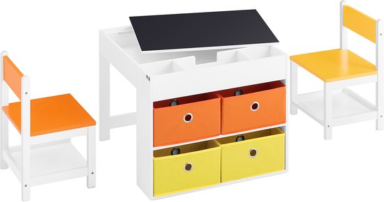 SoBuy KMB75-K-W Ensemble de table pour enfants - Ensemble de rangement en bois blanc avec tableau noir