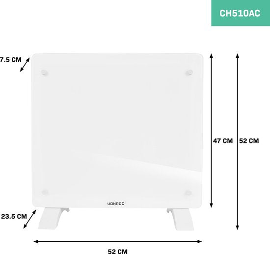 VONROC Chauffage électrique de luxe - Convecteur avec panneau en verre - 500W/1000W - Chauffe les pièces jusqu'à 12m2 - Contrôlé par l'application (via Wifi) et manuellement - Thermostat et minuterie réglables - Blanc