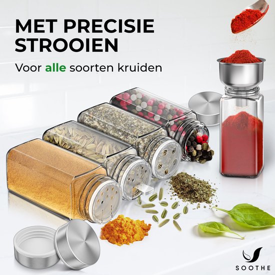 Soothe 36 pots à épices carrés en verre avec couvercle en acier inoxydable - 2 types de couvercles à saupoudrer - Spice Spreader - pots à épices - Set complet avec stickers à épices, stick à craie et accessoires - 120ml