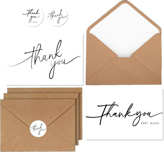 Partizzle 100x Cartes de remerciement avec enveloppes - Cartes de remerciement - Cartes postales - Set de cartes avec autocollants - 15x10 cm - Blanc