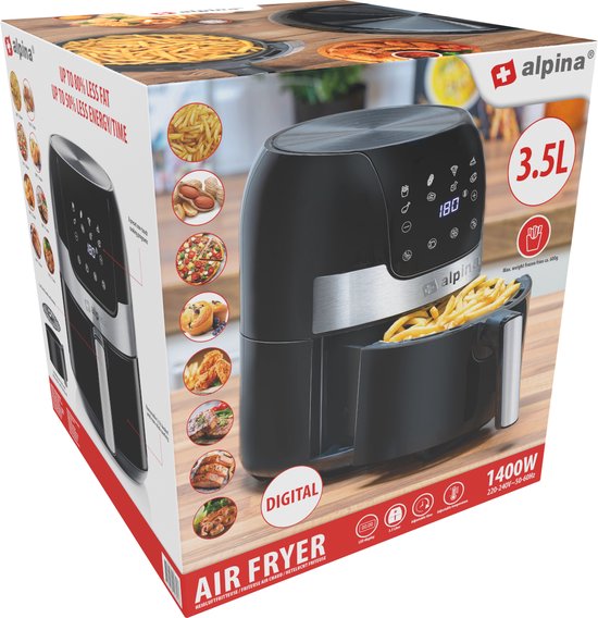 alpina Airfryer 4.5L- Friteuse à air chaud pour 2 à 4 personnes - Friteuse à air avec température réglable de 80°C à 200°C - Minuteur jusqu'à 60 minutes - Friteuse à air chaud 1400W - Noir