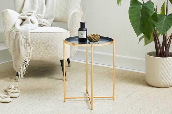 LIFA LIVING Table d'appoint Moderne - Table Basse Grise & Dorée - Ronde - Métal - Pour Salon, Chambre ou Bureau - 37,5 x 47,5 cm