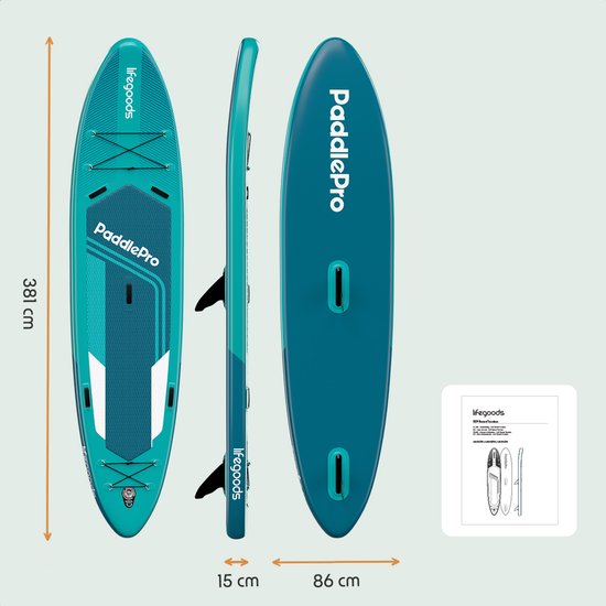 Paddle Tandem LifeGoods - 2 personnes - 220 KG de capacité de charge - 381 x 86 cm - Gonflable - Pack Sup complet - Bleu