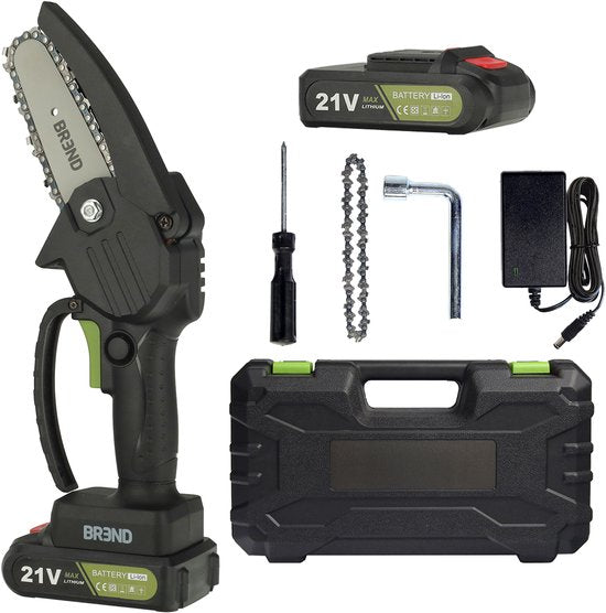 BREND BR-2236 Mini tronçonneuse électrique avec batterie et mallette de rangement - Scie d'élagage sans fil pour les branches et les bûches - 20 min de temps de coupe - Noir