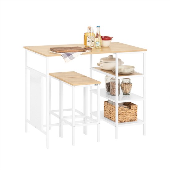 SoBuy OGT51-WN Ensemble de table de cuisine - Table de bar blanche avec tabourets et étagères
