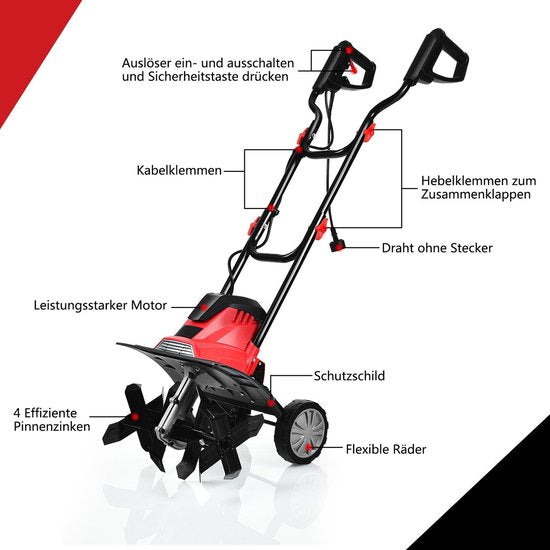Coast Electric Cultivateur et déchaumeur - Mini-cultivateur - Rouge et noir