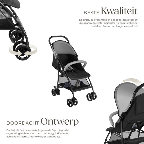 tectake® Buggy - Poussette - Pliable, harnais 5 points, dossier et repose-jambes réglables - Avec frein, roues à roulement souple - Panier de rangement pratique - Noir/gris
