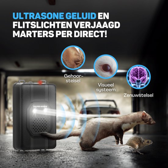 Vulpes Goods® Repellent - Marten Repellent - Pest Repellent - Multifunctional Set Indoor & Outdoor - Batteries, 12V & Car Battery - Marters, Mice & Rats - Stone Marten Repellent PRO - 2 pieces - Incl. Batteries