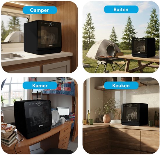 Joula Mini lave-vaisselle avec réservoir d'eau - 8 programmes de lavage - 5 couvercles - Petit lave-vaisselle étroit à poser - Camping - Noir