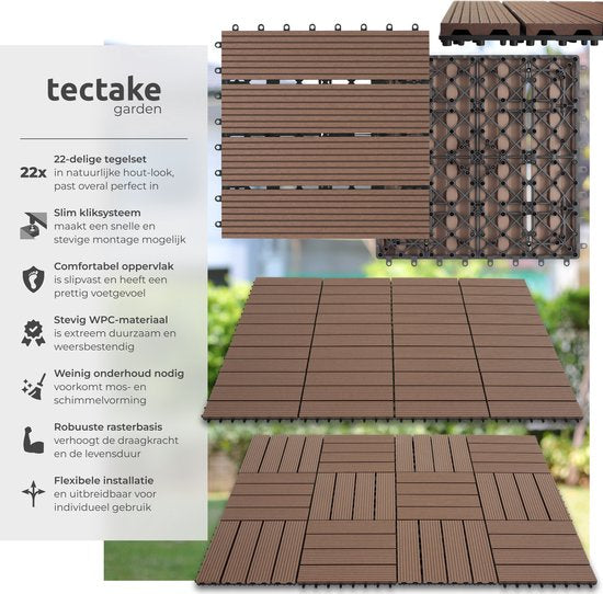 tectake® WPC wood tiles - Dalles aspect bois - Résistant aux intempéries - Sol extérieur - Dalles de sol - Sol de balcon - Dalles de terrasse avec système click - Drain - Lot de 22 - Marron