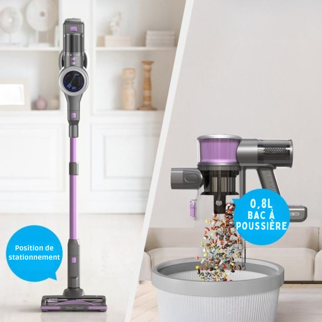 Aspirateur sans fil - Auronic - Sans sac - Sur batterie - Autonome - 350W - Batterie supplémentaire - Gris/Pourpre