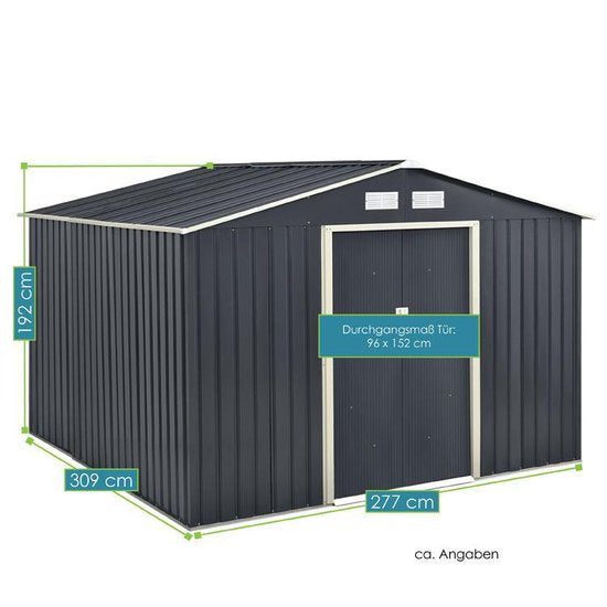 Abri de jardin XXL Juskys- 277 × 319 × 192 cm - Abri à outils - Anthracite