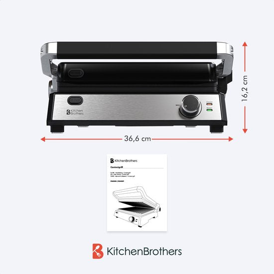 KitchenBrothers Contact Grill Deluxe - Appareil à griller - Plaques de gril amovibles - Gril à panini - 5 réglages de hauteur - 2000W - acier inoxydable