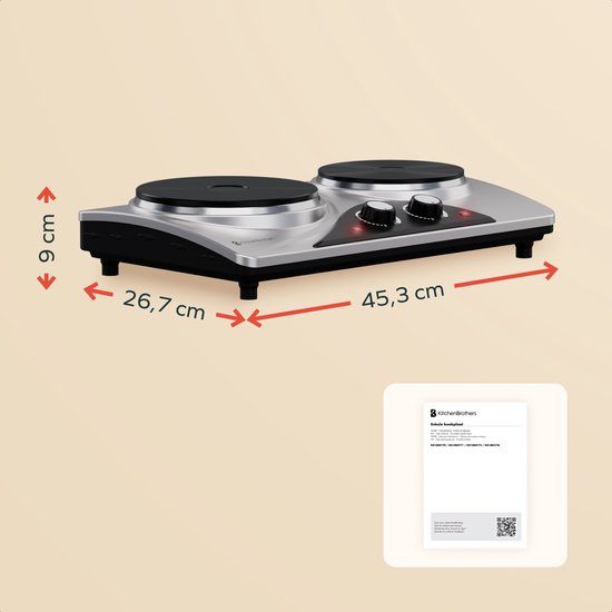 KitchenBrothers Table de cuisson électrique - 2 brûleurs - pose libre - 7 niveaux de température - 1500W + 1000W - inox/noir