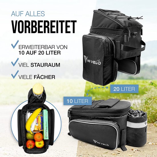MIVELO - Sacoche de transport - sac à bagages vélo - extensible jusqu'à 20 l - résistant à l'eau - 20 l noir