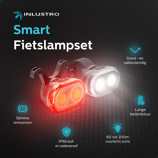 Inlustro Smart Bicycle Light Set - Feu arrière avec capteur de freinage / montage sur la selle - Feux de vélo LED rouge et blanc - Feu avant de vélo - rechargeable par USB / étanche