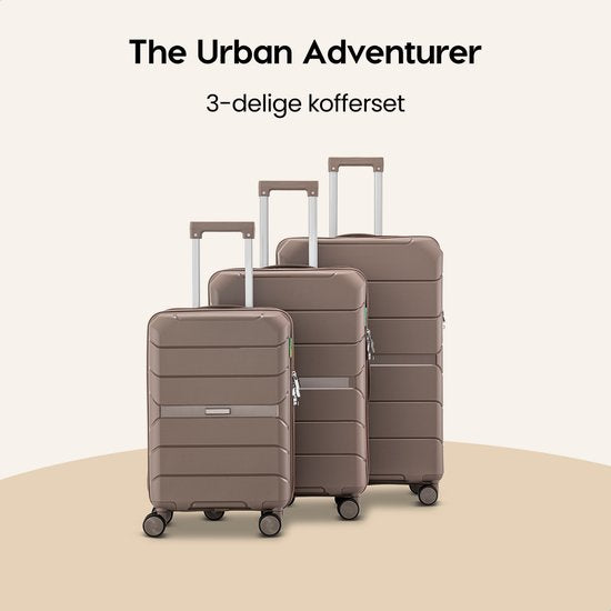 SKYCASES Urban Adventurer - Ensemble de valises - 3 pièces - Serrure à chiffres - 232L - Roues pivotantes - Valise de voyage avec serrure de valise - Légère - Champagne