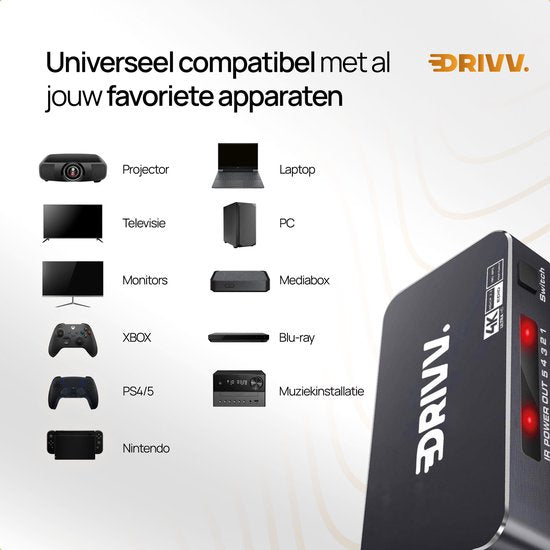 Drivv. Commutateur HDMI 4K 60Hz - 5 entrées 1 sortie - Télécommande incluse - Commutation automatique - Supporte 720p/1080p/4K/3D - Noir