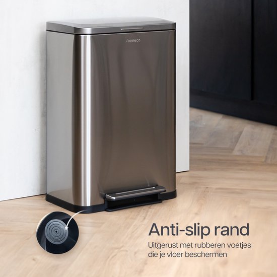 Deleca Trashcan Prestige - 50 Litres - Large - Poubelle / Corbeille à papier / Poubelle à pédale en acier inoxydable - Avec pédale et fermeture lente - Argent mat