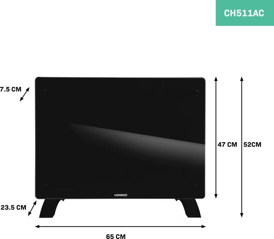 Chauffage électrique - VONROC - Convecteur avec panneau en verre - 750W/1500W - Chauffe les pièces jusqu'à 18m2 - Contrôlé par l'application (via Wifi) et manuellement - Thermostat et minuterie réglables - Noir