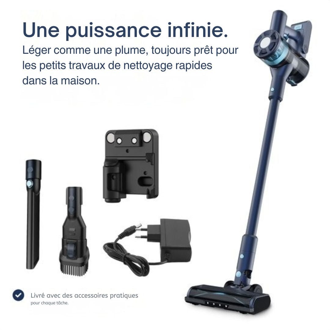 Aspirateur bâton sans fil - Samako - CleanDetect Lite 250W - 2 accessoires - Pas de sac sur la batterie - bleu foncé