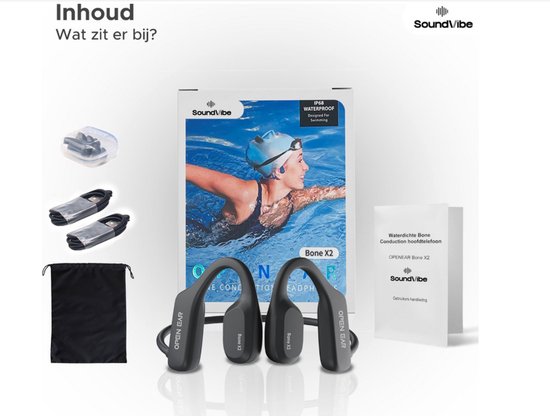 Soundvibe® Bone Conduction Headphone Black - Casque de sport - Ecouteurs de sport - Ecouteurs sans fil - Résistant à l'eau - Carte mémoire interne de 8 Go - Casque de sport - Pour tous les téléphones et ordinateurs portables - Ecouteurs de course - Ecoute