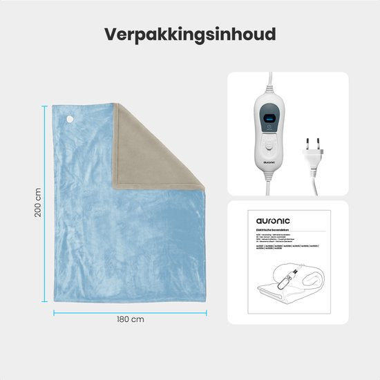 Couverture électrique Auronic - 200 x 180 cm - Couverture chauffante - 2 personnes - 3 niveaux de chaleur - Couverture - Avec minuterie - Couverture chauffante - Bleu clair
