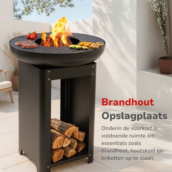 alpina 3-in-1 Fire Pit and Griddle - Foyer de jardin 61 x 90 cm - avec gril Teppanyaki - Plancha BBQ avec rangement pour le bois de chauffage - Foyer d'extérieur - Métal