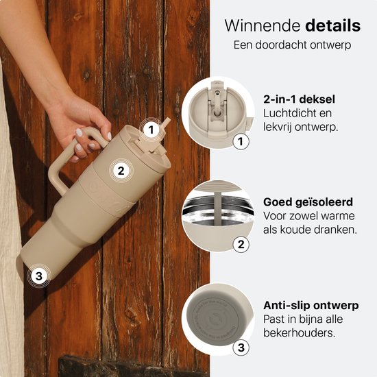 ONYX Bouteille à boire avec paille 1 litre - Bouteille d'eau pour enfants et adultes - Tasse thermos en acier inoxydable - Buvette de motivation - Tasse à boire pour l'école - Beige sable