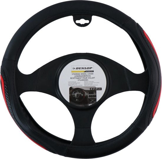 Dunlop Housse de volant voiture 38CM - Convient aux volants 37-39CM - Prise en main confortable - Antidérapant - Décoration de voiture - Cuir synthétique - Noir/Rouge