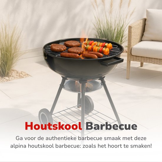 alpina Charcoal BBQ - Barbecue à boule Ø43 cm - Barbecue avec couvercle et roues - Système de ventilation intégré - Cendrier amovible - Noir