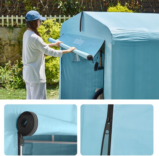 SoBuy KLS11-BL Abri de jardin, abri de jardin extérieur, imperméable, abri moteur avec crochets, garage pour vélo et outils, abri vélo, rangement et stockage, bleu clair, 120 x 176 x 163 cm