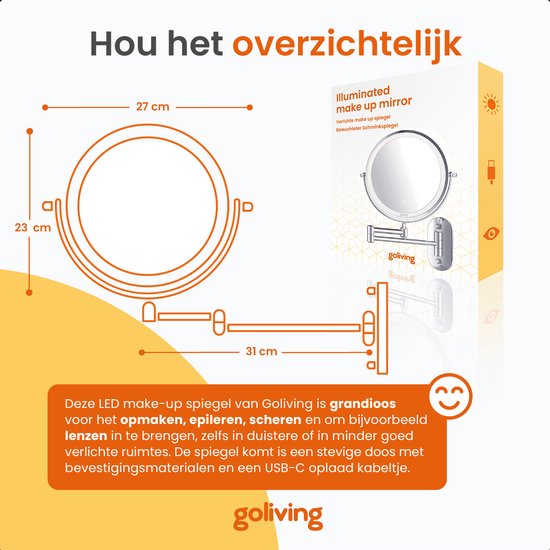 Goliving Miroir de maquillage avec éclairage - Ø25 cm - grossissement 10x - miroir de maquillage graduable - miroir de rasage - éclairage LED - rechargeable par USB-C - double face - 27 x 27 cm - chrome