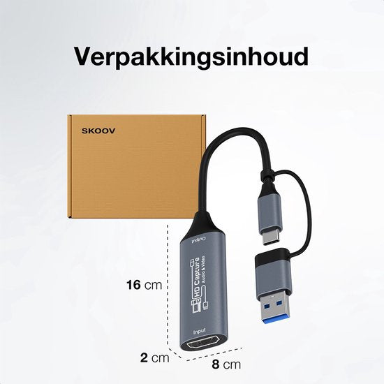 Skoov HDMI Capture Card Incl USB-C Adapter - Enregistrement vidéo/jeu - HDMI vers USB - 1080P HD - Cam link - Video grabber - Streaming