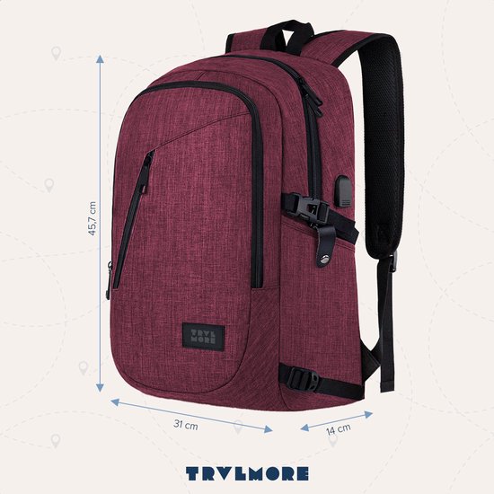 TRVLMORE Sac à dos avec durée de vie - Sac à dos avec compartiment pour ordinateur portable de 15,6 pouces - Cartable - Résistant aux éclaboussures - Hommes et femmes - Garçons et filles - 25L - Bourgogne