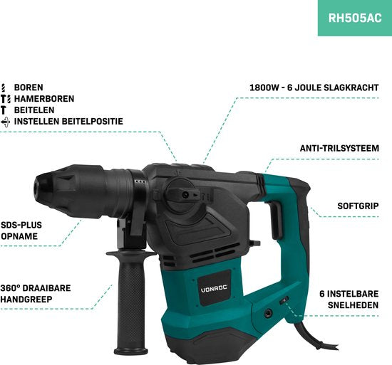 VONROC Marteau perforateur 1800W - 6 Joule - SDS plus - 4 Fonctions - Inclus 3 mèches SDS-plus et 2 burins SDS-plus