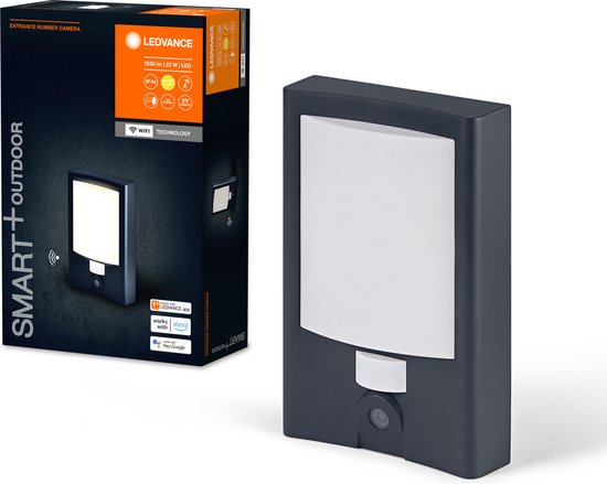 LEDVANCE SMART+ applique murale extérieure + numéro de maison & caméra, lampe LED blanc chaud (3000K), boîtier en polycarbonate de haute qualité en gris foncé, haut-parleur intégré, carte mémoire, technologie smart wifi
