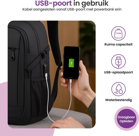 Gofun Backpack - 35L - 15.6-inch - Résistant à l'eau et antivol - Connecteur USB - Sac à dos - Cartable - Sacoche pour ordinateur portable - Noir