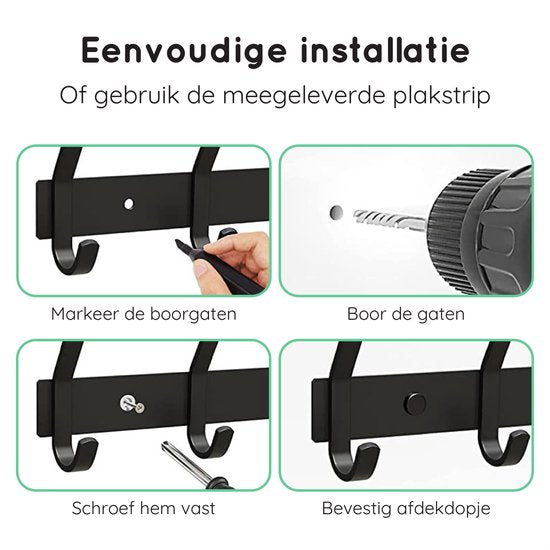 Porte-manteau mural Volcan - 16 crochets - Acier inoxydable - Porte-manteau mural - Industriel - Ruban adhésif 3M - Noir